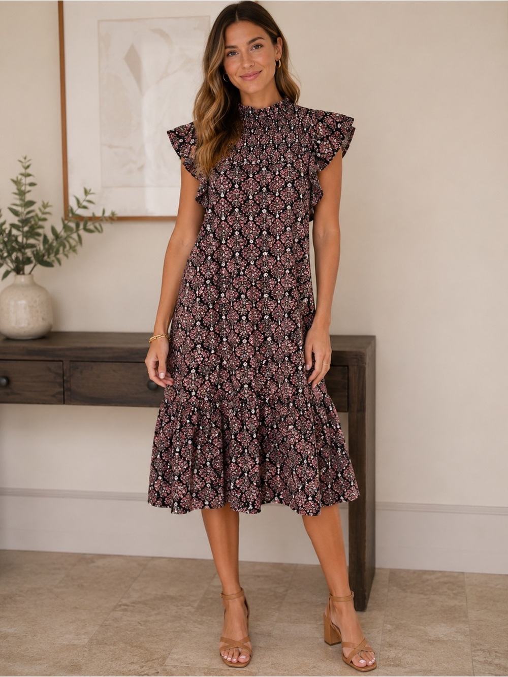 THML Black and Pink Floral Midi Dress